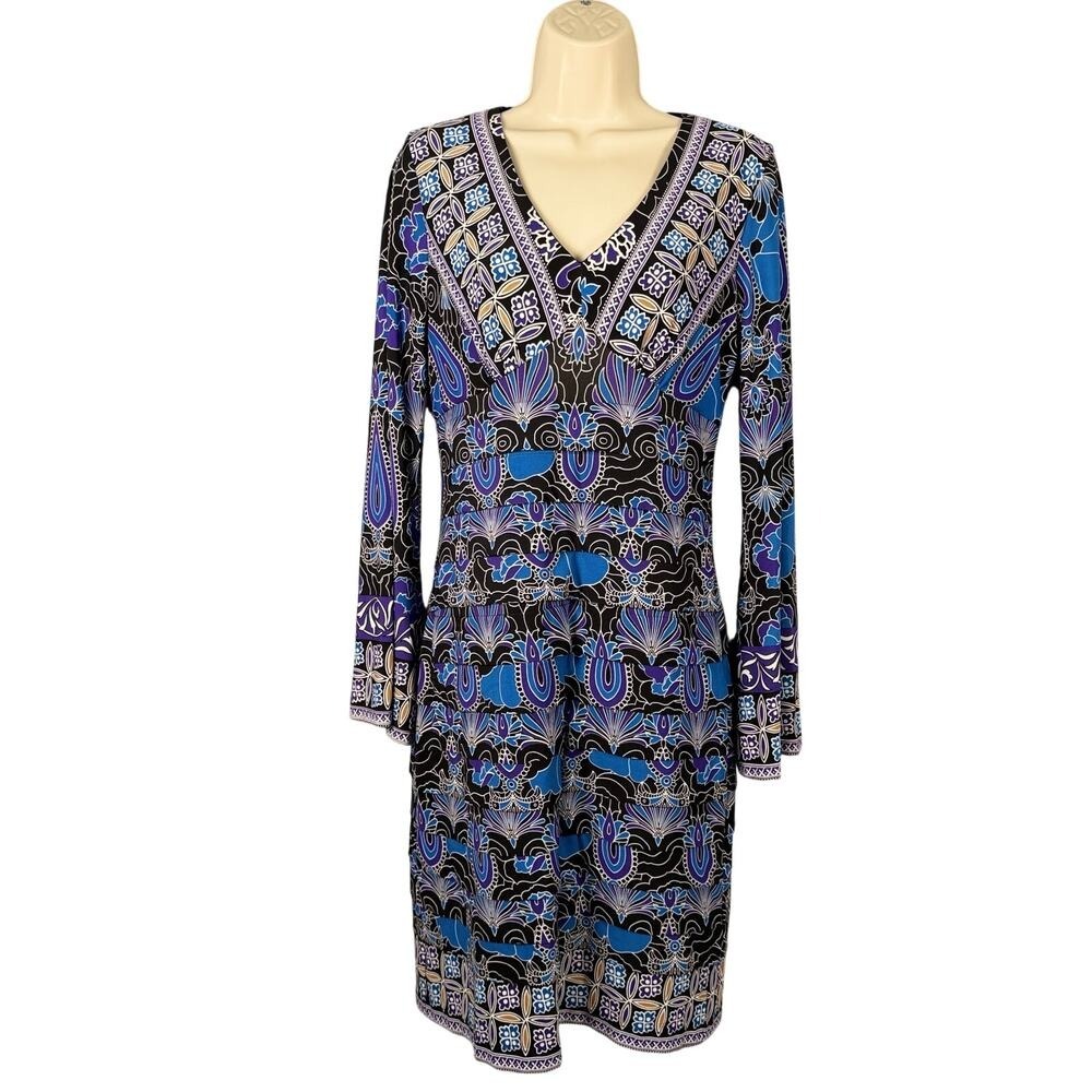 London Times Dress Womens‎ 8 Printed Long Sleeve V-neck Tiered Jersey Knit